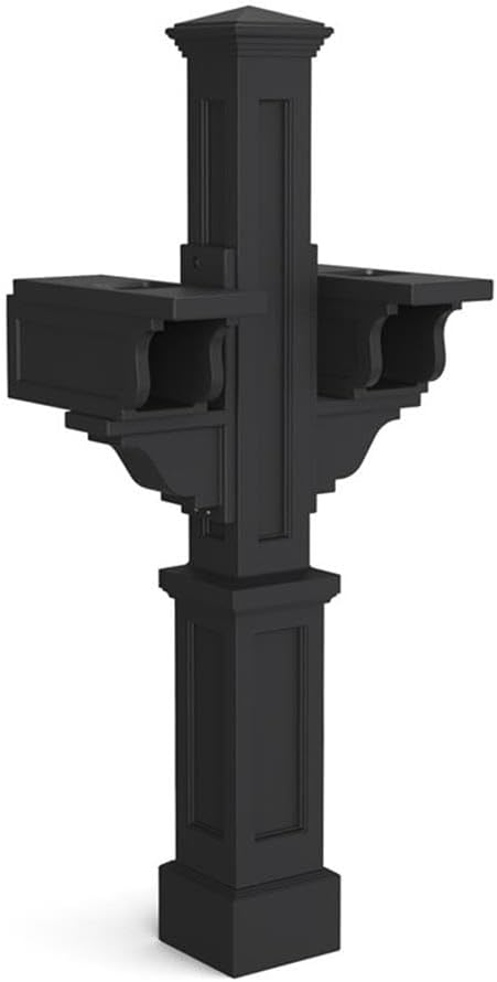 Pemberly Row Double Mail Post, 56.5' H Polyethylene Resin, Black Finish, Weatherproof Design with 2 Mailbox Arms and Newspaper Holder, Decorative Style for Residential or Commercial Use