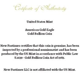1986 - Present (Random Year) American Gold Eagle 1/10th oz Bullion Coin with Certificate of Authenticity $5 Seller Uncirculated