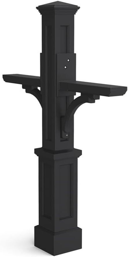 Pemberly Row Contemporary Double Plastic Mail Post, 56.5' H x 41' W x 8' D, Black Finish, UV-Resistant Polyethylene Resin, Decorative Sleeve with 2 Support Arms, Weatherproof Mailbox Accessory