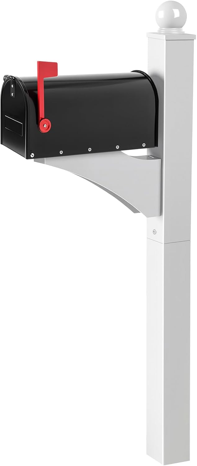 Colingmill White,Black 1 Set Iron Mailbox Posts with Mailbox for Outside Ground Mounting Post 56 Inch Tall Heavy Duty Architectural Stand with 8 Screws for Outdoor Use