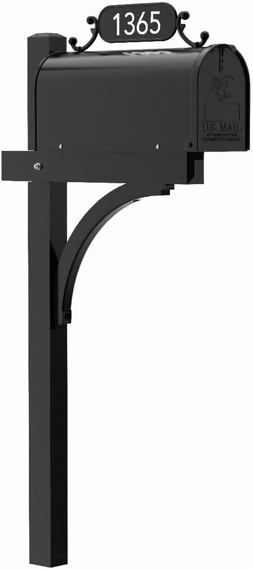The Glenbrook Deluxe Mailbox and Post - Personalized Complete System with Custom Street Address Plate, Steel Mailbox, and Aluminum Post Included (All Black)