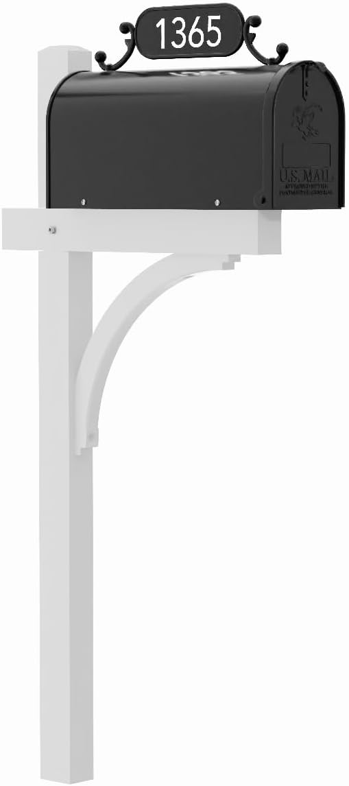 The Glenbrook Deluxe Mailbox and Post - Personalized Complete System with Custom Street Address Plate, Steel Mailbox, and Aluminum Post Included (Black with White Post)
