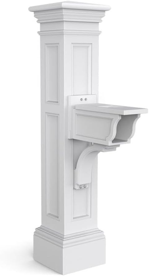Pemberly Row Weatherproof Plastic Mail Post, Traditional Design, White Finish, 64' H x 14' W x 31' D, UV-Resistant Polyethylene, Includes Hardware, Decorative Sleeve, Newspaper Holder