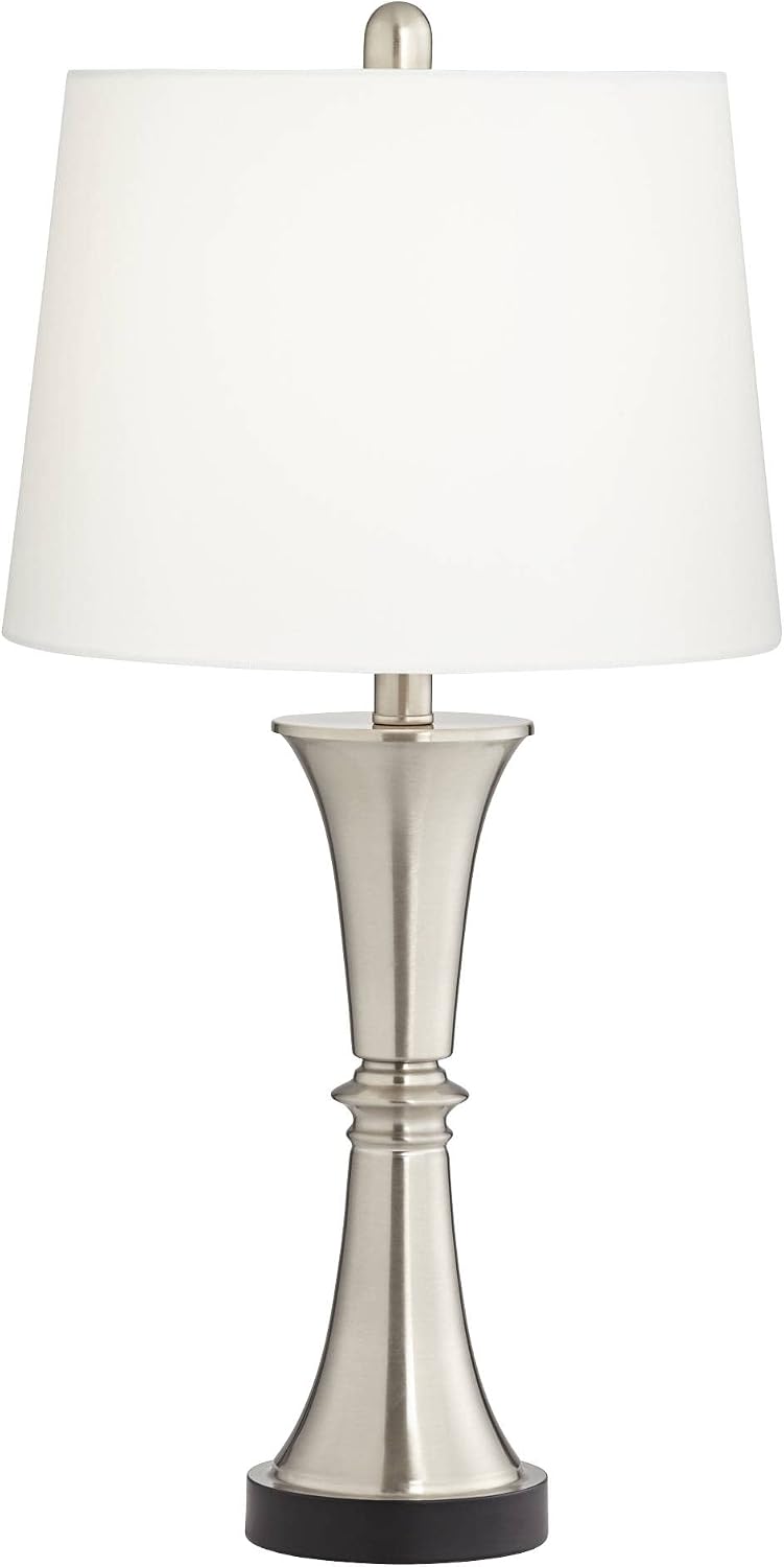 360 Lighting Seymore Modern Table Lamps 26' Tall Set of 2 with USB Charging Port Silver LED Touch On Off White Drum Shade for Bedroom Living Room House Home Desk Bedside Nightstand Office