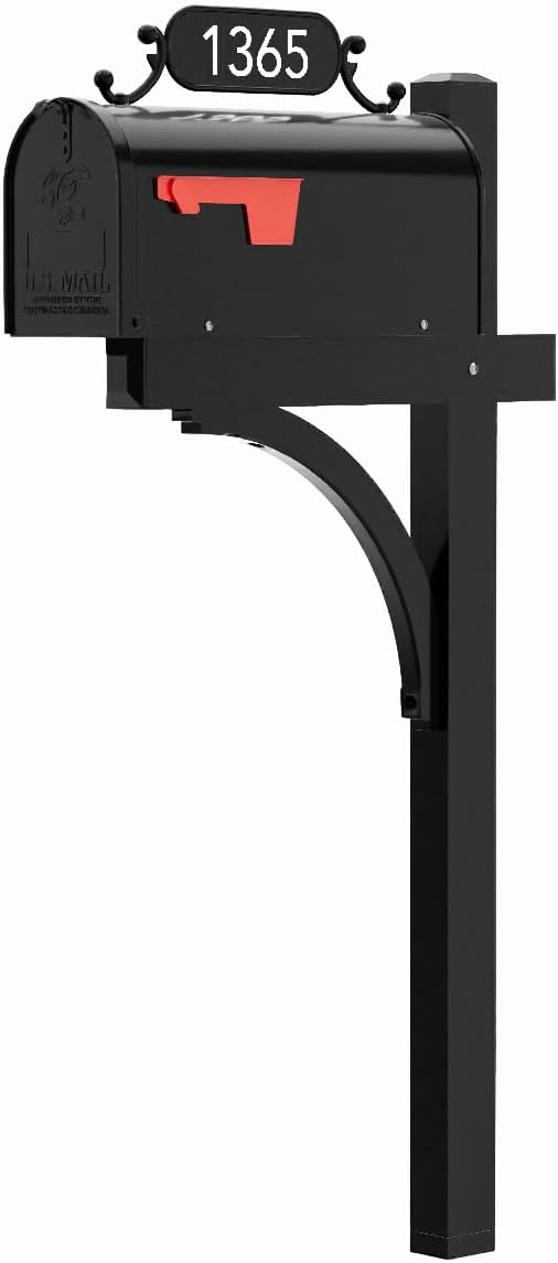 The Glenbrook Deluxe Mailbox and Post - Personalized Complete System with Custom Street Address Plate, Steel Mailbox, and Aluminum Post Included (All Black)