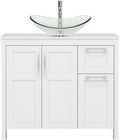YOURLITE 36 Inches Traditional Bathroom Vanity Set with Single Faucet Hole, Clear Boat Glass Sink, White Finish, 2-Door Cabinet