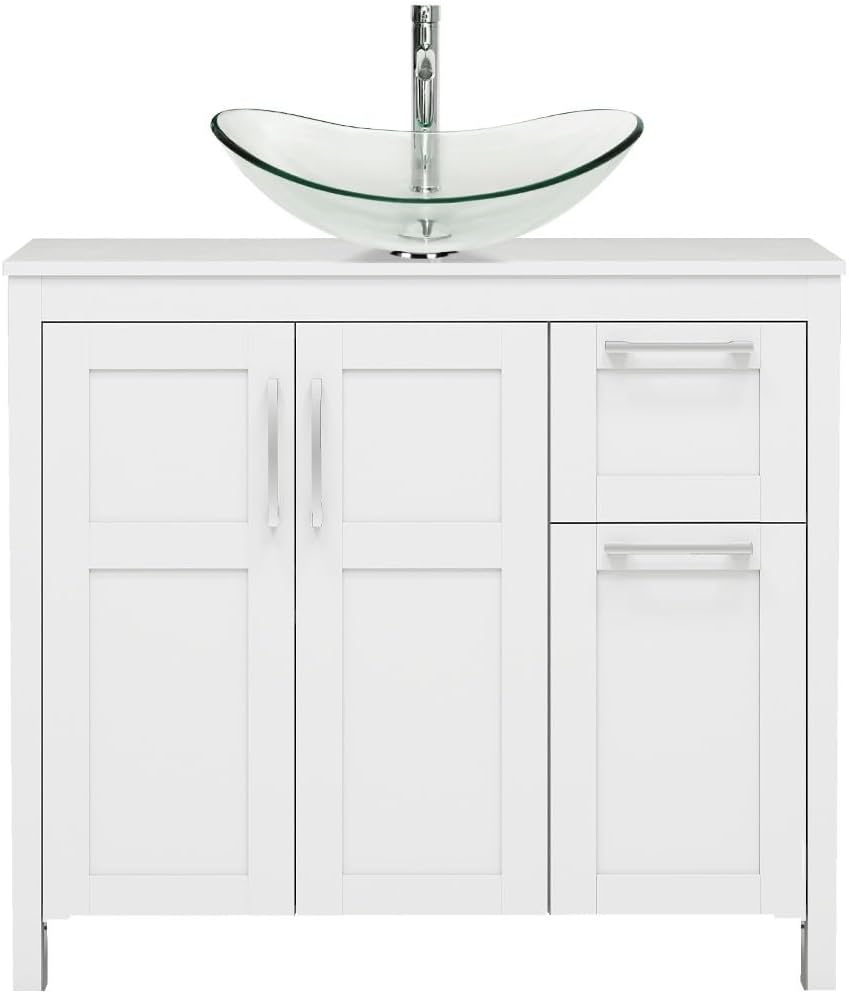 YOURLITE 36 Inches Traditional Bathroom Vanity Set with Single Faucet Hole, Clear Boat Glass Sink, White Finish, 2-Door Cabinet