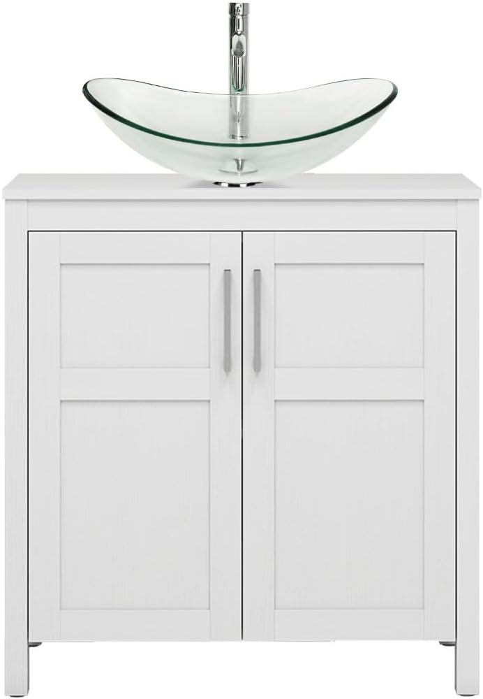 YOURLITE 30 Inches Traditional Bathroom Vanity Set with Single Faucet Hole, Clear Boat Glass Sink, White Finish, 2-Door Cabinet