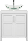 YOURLITE 30 Inches Traditional Bathroom Vanity Set with Single Faucet Hole, Clear Boat Glass Sink, White Finish, 2-Door Cabinet