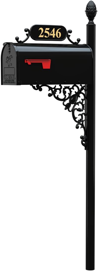Oak Mailbox & Post Kit – Black Mailbox System – Includes Address Plaque, Bracket & Mounting Hardware – Rust Resistant Metal Mailbox with Decorative Finial