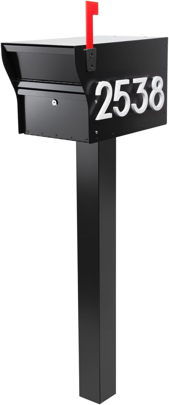 Whitehall MailVault Streetside Locking Mailbox with Post, Personalize with Modern Stand-Off Address Numbers Package – Steel, Secure Weather Resistant Modern Square Mailbox (Black/White)