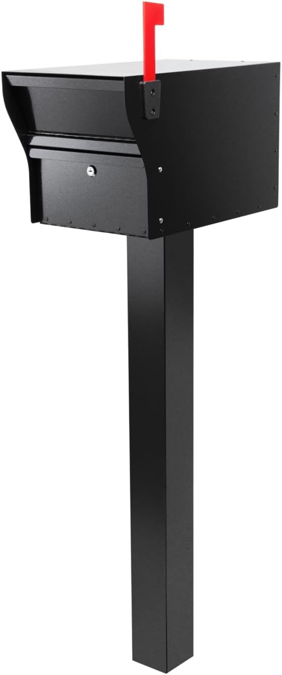 Whitehall MailVault Streetside Locking Mailbox with Post Package – Steel, Secure Weather Resistant Modern Square Mailbox (Black)