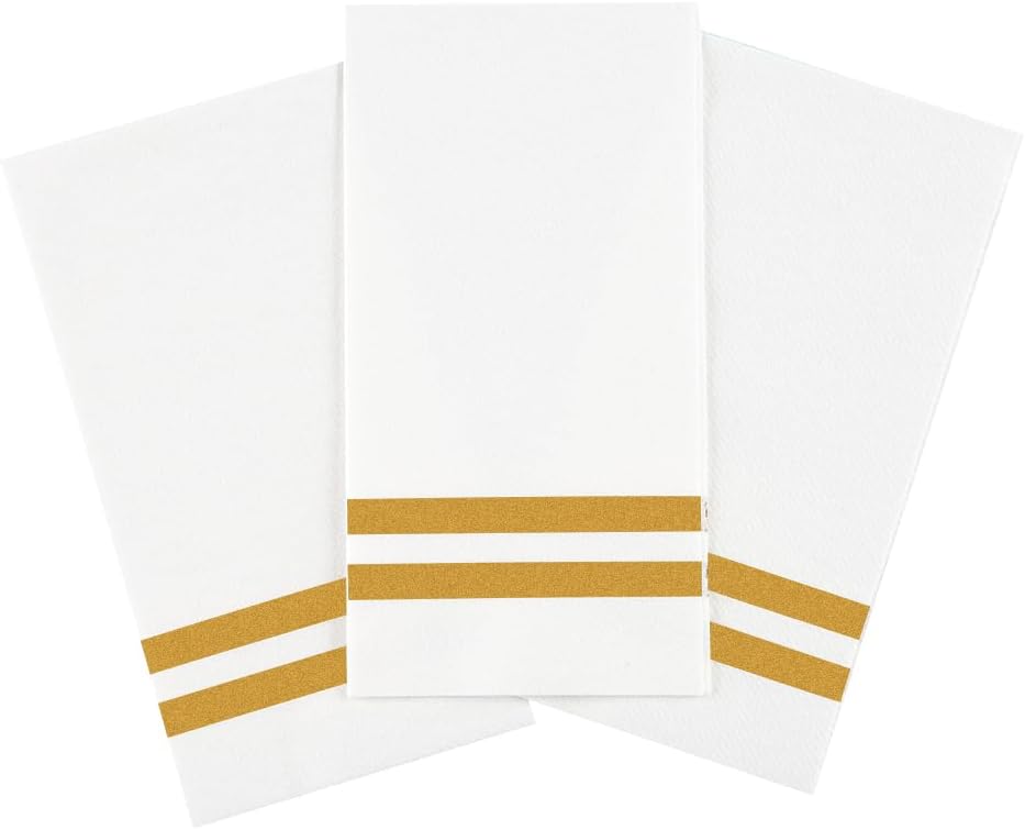 Luxenap 15.8 X 7.9 Inch Linen-Feel Guest Towels, 2000 Gold Striped Hand Towels - ¼ Fold, airlaid, White Paper Dinner Napkins, Disposable, For Restrooms, Kitchens, And Tables - Restaurantware