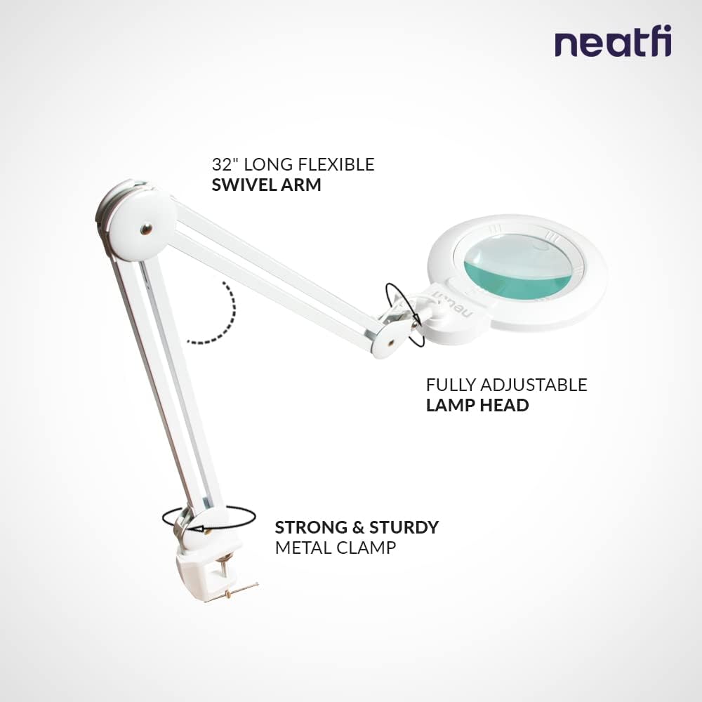 Neatfi XL Bifocals 1,200 Lumens LED Magnifying Lamp with Clamp, 3 Light Modes, Correlated Color Temperature Control (3000K-4500K-6000K), 12W, 120 Pcs SMD LED (White, 6 Inch Lens)