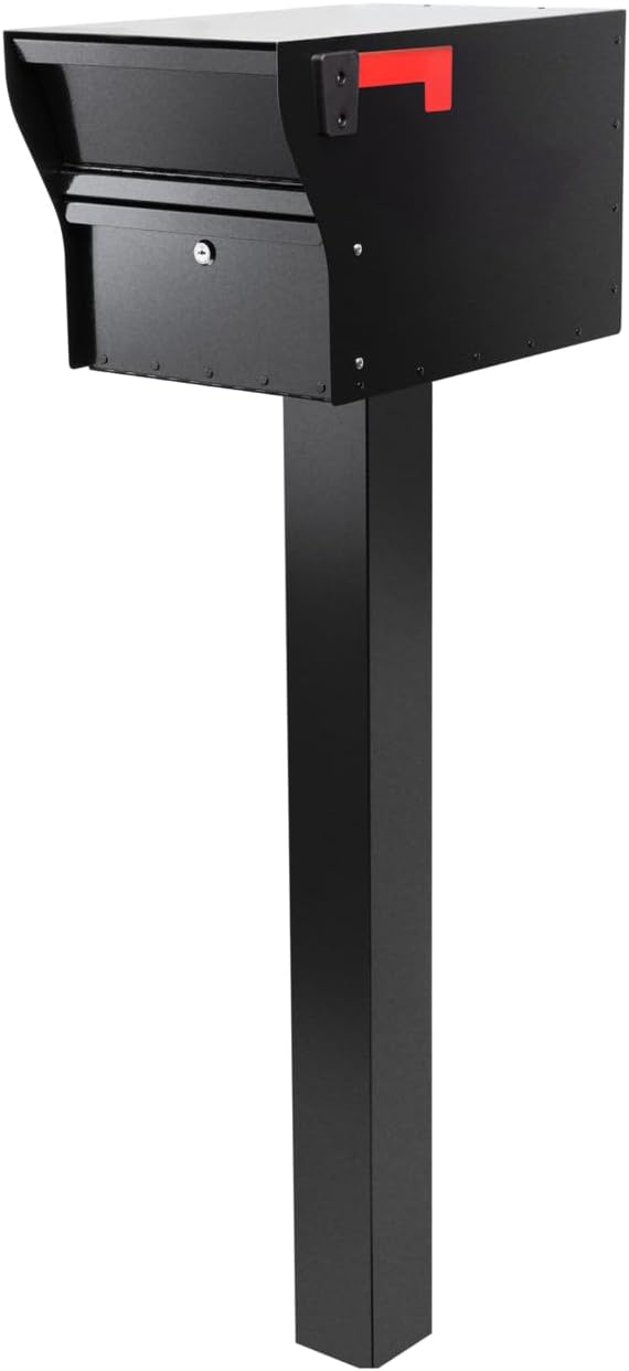 Whitehall MailVault Streetside Locking Mailbox with Post Package – Steel, Secure Weather Resistant Modern Square Mailbox (Black)