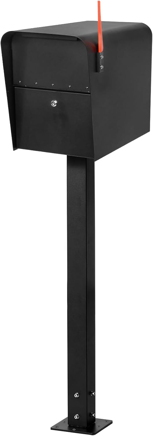 43 Inch Steel Mailbox Post with Base Plate, Heavy Duty In-Ground Mounting Post for Outside, Q235 Mail Box Post for Street Curbside, Mailbox Post Kit for Sidewalk, Black