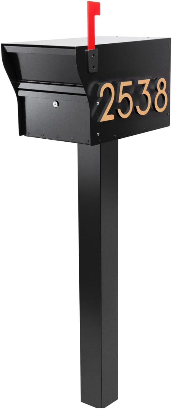 Whitehall MailVault Streetside Locking Mailbox with Post, Personalize with Modern Stand-Off Address Numbers Package – Steel, Secure Weather Resistant Modern Square Mailbox (Black/Gold)