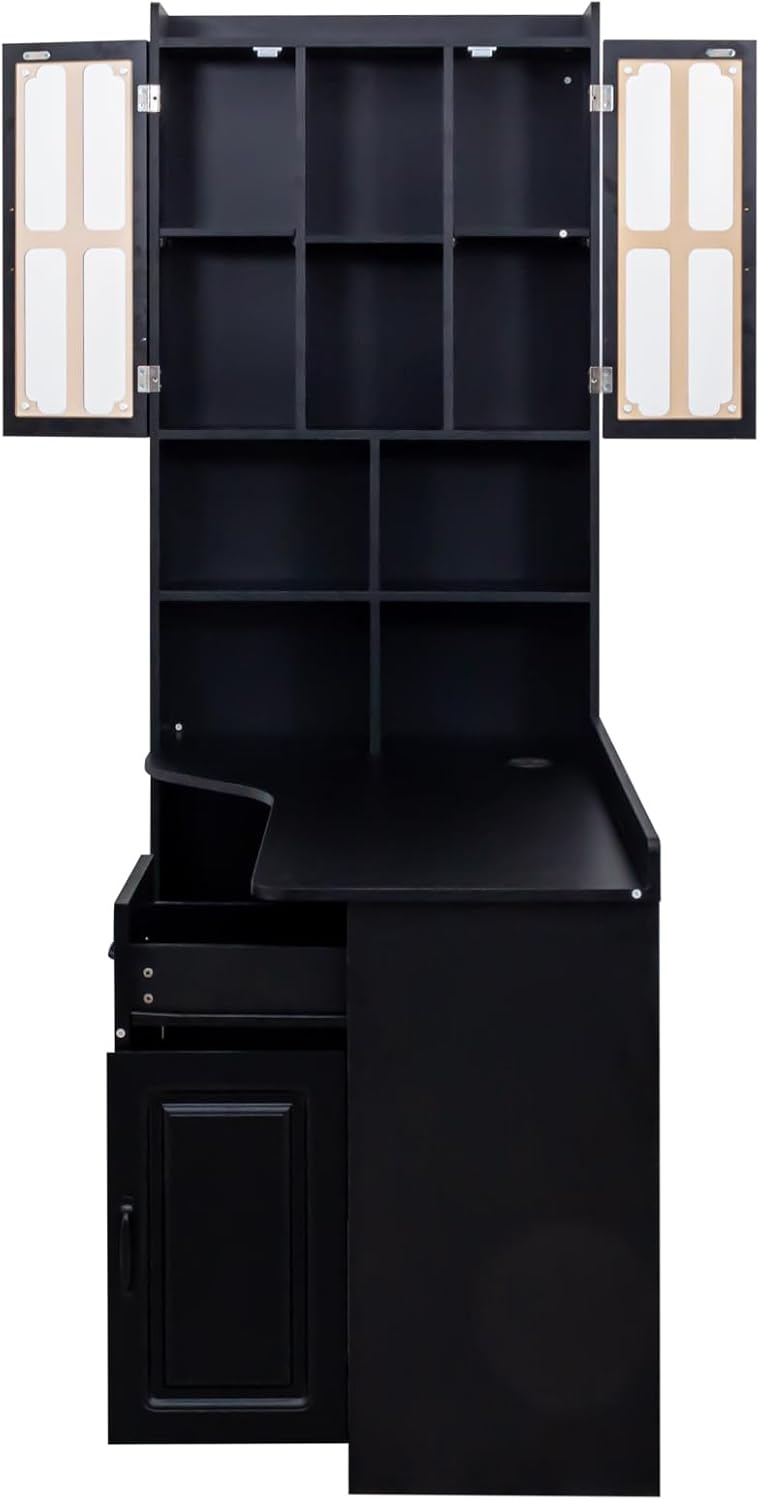 ZeHuoGe L-Shaped Corner Computer Desk for Home Office or Study Desk, Study Modern Style Table with Drawers, Bookshelf & Hutch, 2-in-1 L-Shaped Design, Large Working Space (Black)