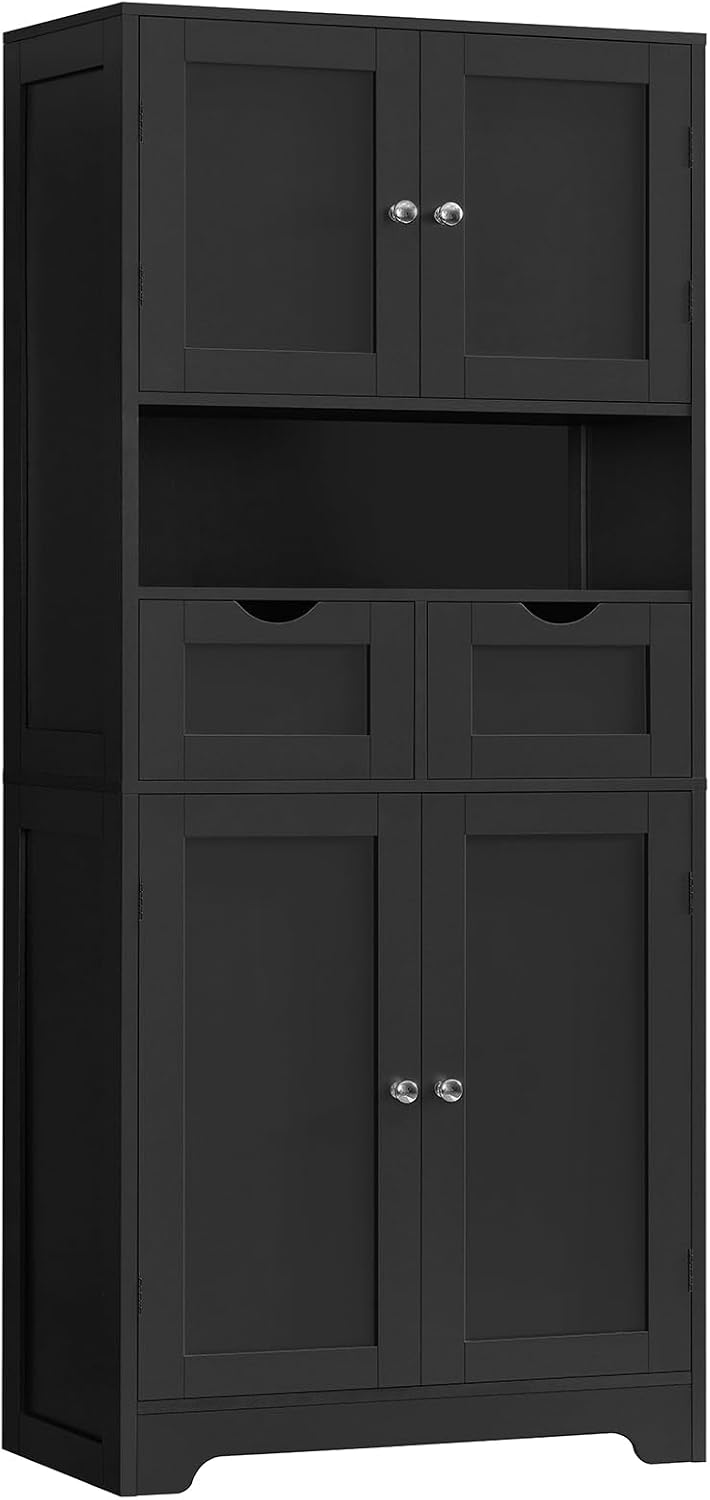 Iwell 57.8' H Tall Storage Cabinet with 2 Drawers & 2 Adjustable Shelves, Kitchen Cabinet with 4 Doors, Tall Cabinet for Living Room, Dining Room, Entryway, Black