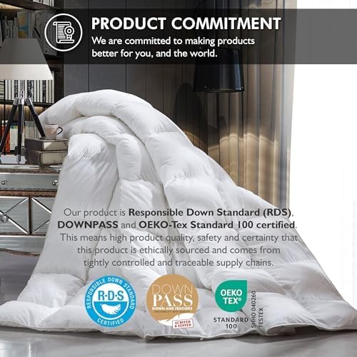 Luxurious King/California King Size Goose Down Fiber Waterfowl Feather Fiber Comforter Duvet, 100% Cotton Cover, 58 oz. Fill Weight, Baffle Box Design, White Solid