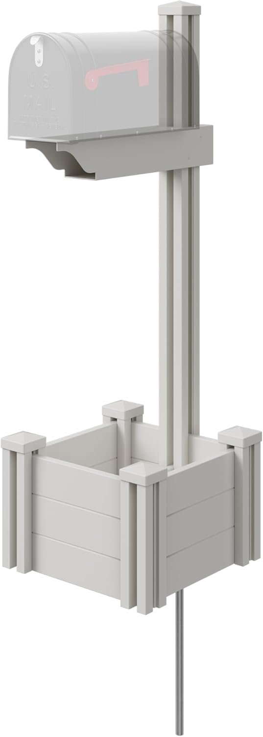 4.5ft H (1 Post w/Planter) No Dig Zippity Majestic Mailbox Post with Planter Box, White Vinyl Support for Outdoor Mail, Decorative Column w/Flower Box, Architectural Mount for Letter Box, ZP19027
