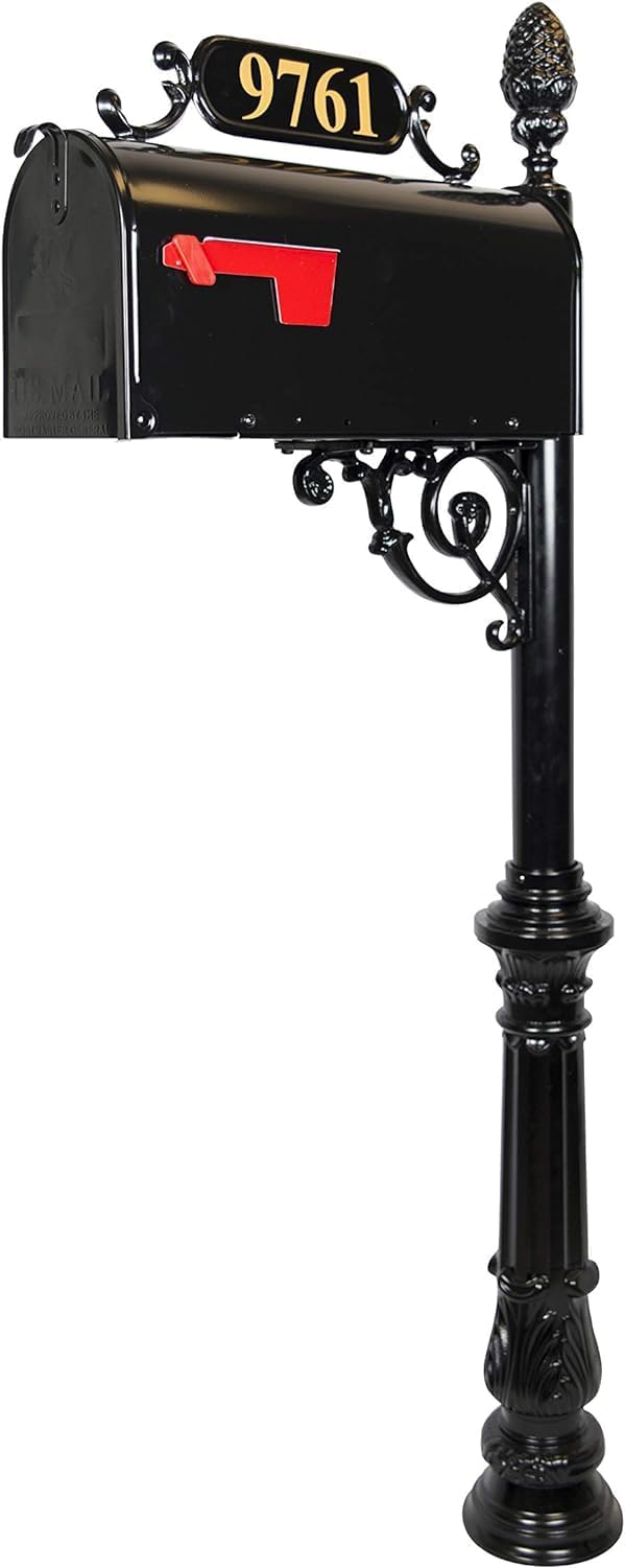 Charleston Mailbox & Post System – Black Rust Resistant Mailbox – Includes Address Plaque, Numbers, Scroll & Mounting Hardware (Standard)