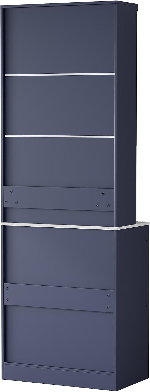 Modern 83.7inch High Kitchen Pantry, Freestanding Tall Kitchen Hutch with Faux Marble Top, Cupboard Cabinet with 5 Storage Drawers and Adjustable Shelf (Blue-4)
