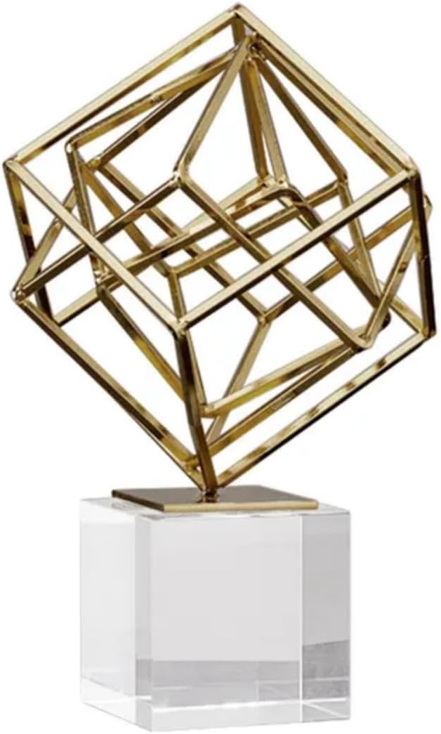 homary Modern Gold Geometric Sculpture with Crystal Base, 3D Metal Ornament Figurine, Abstract Luxury Decor Art for Living Room, Office, or Table Centerpiece