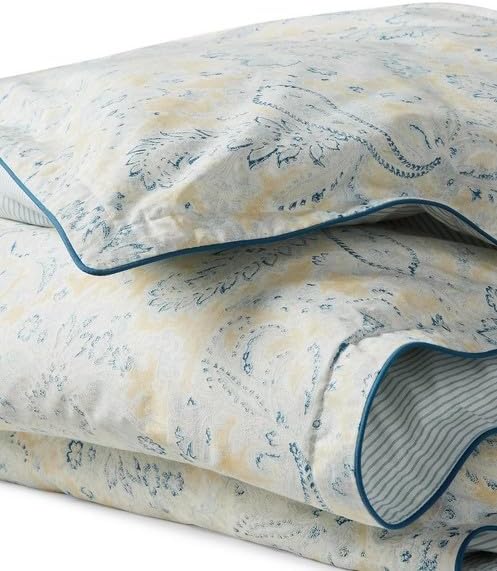 Lauren Ralph Lauren Marisa King 3 pc Comforter Set Shams Paisley Print Yellow, Blues on White Ground. Reverses to Blue Stripe.