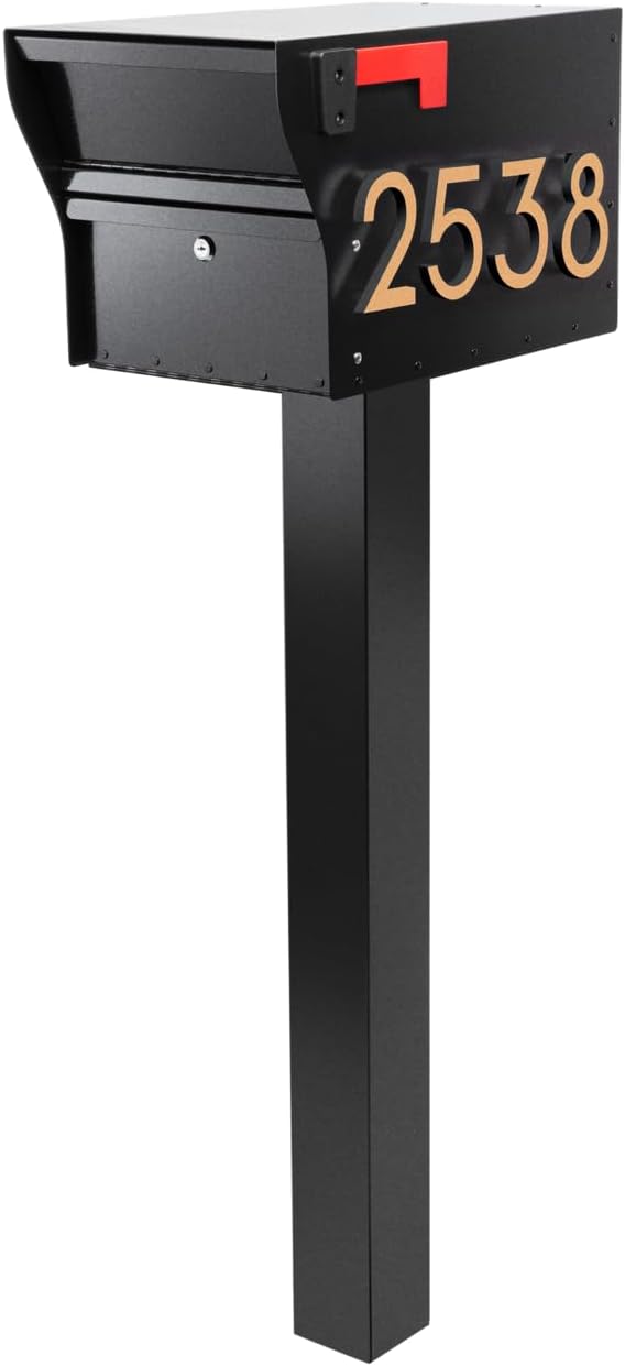 Whitehall MailVault Streetside Locking Mailbox with Post, Personalize with Modern Stand-Off Address Numbers Package – Steel, Secure Weather Resistant Modern Square Mailbox (Black/Gold)