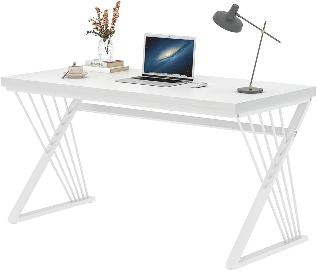 FOLUBAN Modern White Desk, Rustic Wood and Metal Computer Desk for Home Office, Simple Writing Work PC Desks for Bedroom, Industrial Study Gaming Table for Living Room, White, 53 Inch