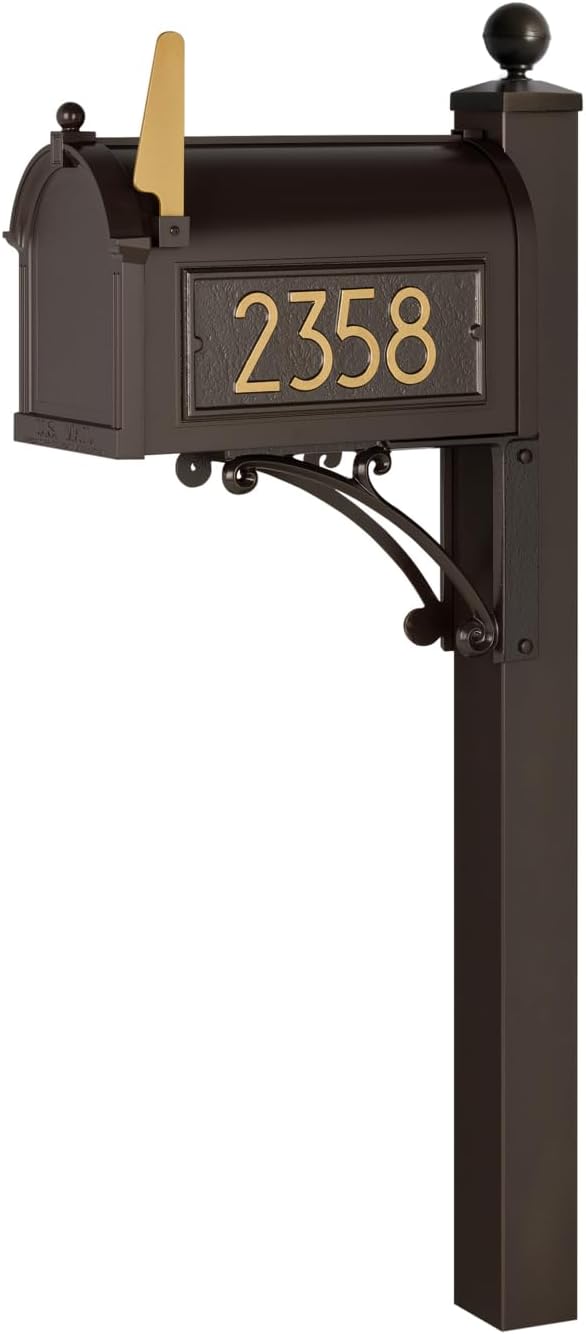 Whitehall Custom Extra Large Mailbox, Capitol Model with Modern Style Address Plaques and Post Package, Sand Cast Aluminum, Bronze Personalized in Goldtone