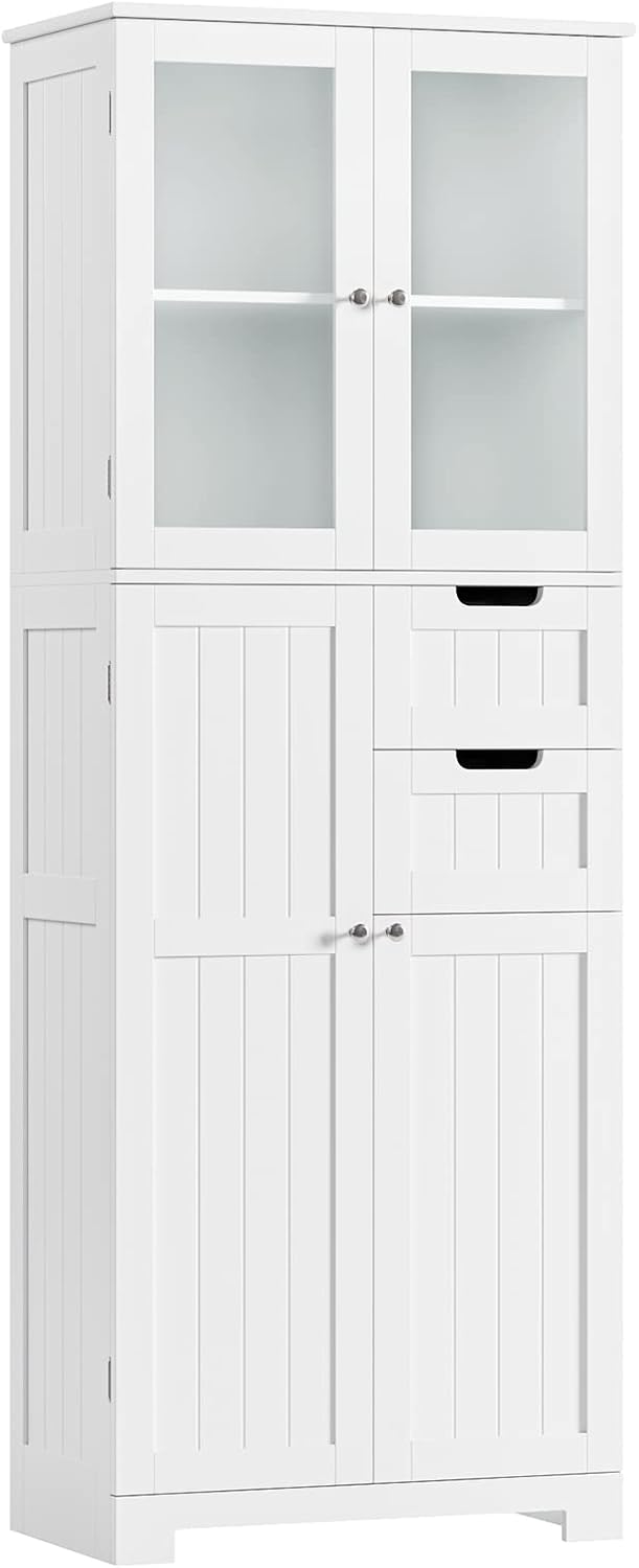 BOTLOG 67'' Tall Bathroom Storage Cabinet, Linen Cabinet with Glass Doors and Adjustable Shelves, Kitchen Pantry with 2 Drawers for Bathroom, Living Room, Dining Room, White