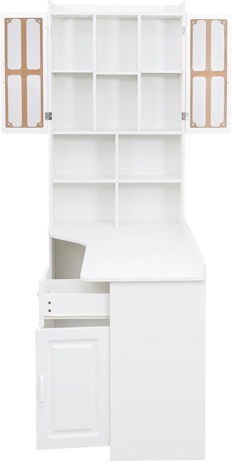 ZeHuoGe L-Shaped Corner Computer Desk for Home Office or Study Desk, Study Modern Style Table with Drawers, Bookshelf & Hutch, 2-in-1 L-Shaped Design, Large Working Space (White)