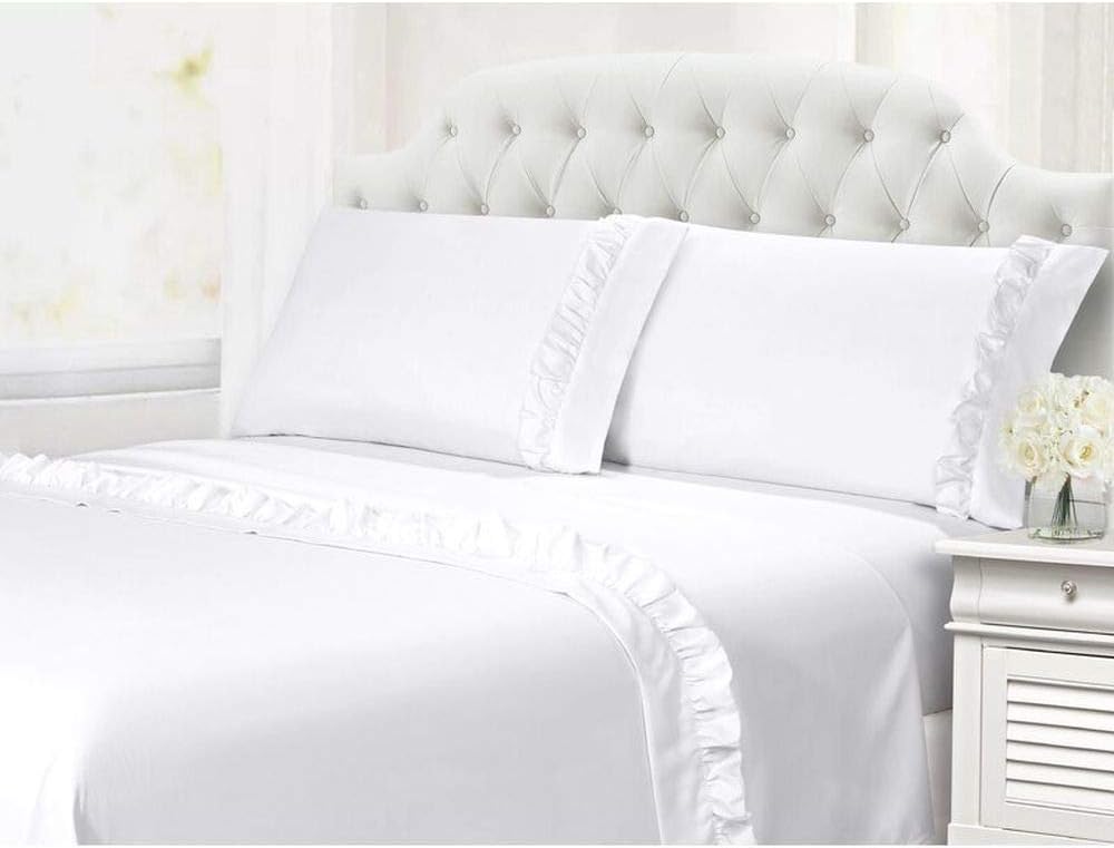 Shabby Chic Ruffle Sheets Set Queen XL Size, 6-Piece French Country Bedding 100% Egyptian Cotton Vintage Bed Sheet Set 15 Inch Deep Pockets Ruffled Bed Sheets White Solid