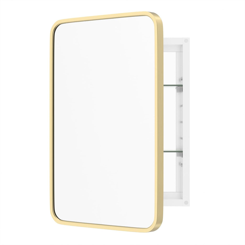 WallBeyond Bathroom Medicine Cabinet with Mirror, 16x24 Inch Gold Recessed Medicine Cabinet with Round Corner Aluminum Alloy Metal Framed.