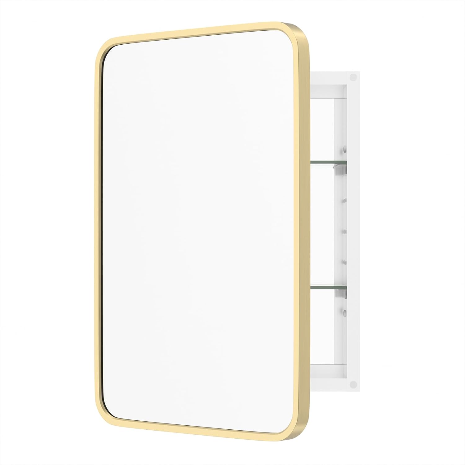 WallBeyond Bathroom Medicine Cabinet with Mirror, 16x24 Inch Gold Recessed Medicine Cabinet with Round Corner Aluminum Alloy Metal Framed.