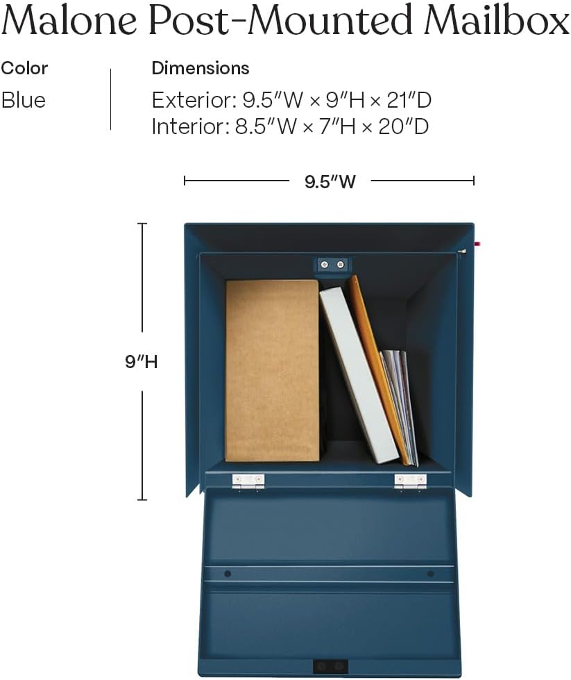 post & porch Malone Mailbox | Post Mounted Mailbox | Black/White/Gray/Brown/Red/Blue/Green, Regular or Large, Weatherproof Mail Box for Outside, Customizable (Blue, Regular)