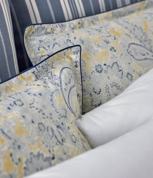 Lauren Ralph Lauren Marisa King 3 pc Comforter Set Shams Paisley Print Yellow, Blues on White Ground. Reverses to Blue Stripe.