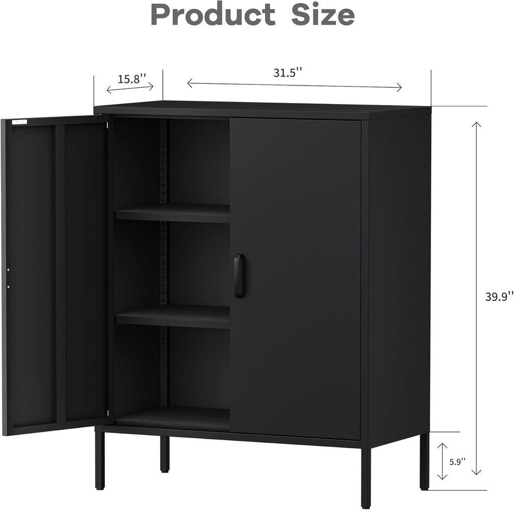 Bathroom Floor Storage Cabinet, 40' H Metal Locker, Small Black Cabinets with 2 Adjustable Shelves & 4 Doors,Freestanding Sideboard,Pantry Food Cabinet for Hallway,Home Office, Kitchen