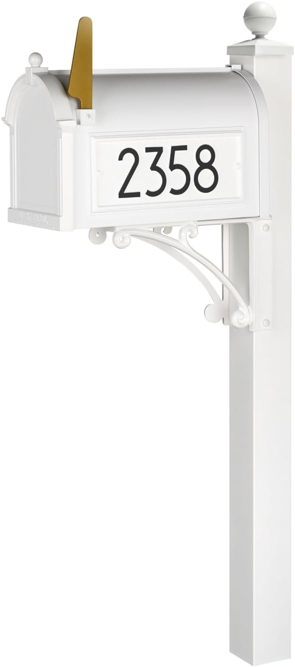 Whitehall Custom Extra Large Mailbox, Capitol Model with Modern Style Address Plaques and Post Package, Sand Cast Aluminum, White Personalized in Black