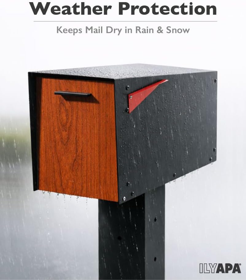 Ilyapa Modern Mailbox Post Mount - Large Mailbox for Outside - Black Metal Mail Box - Powder Coated Steel - All Weather Resistant