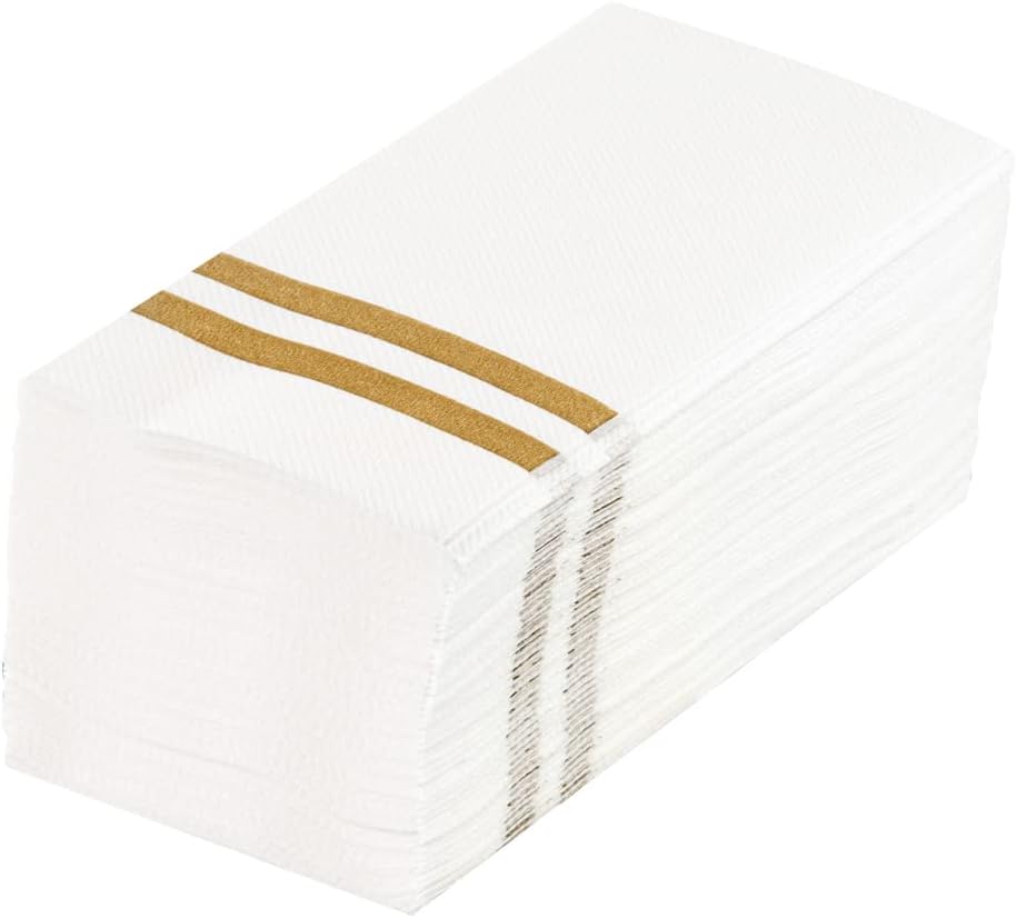 Luxenap 15.8 X 7.9 Inch Linen-Feel Guest Towels, 2000 Gold Striped Hand Towels - ¼ Fold, airlaid, White Paper Dinner Napkins, Disposable, For Restrooms, Kitchens, And Tables - Restaurantware