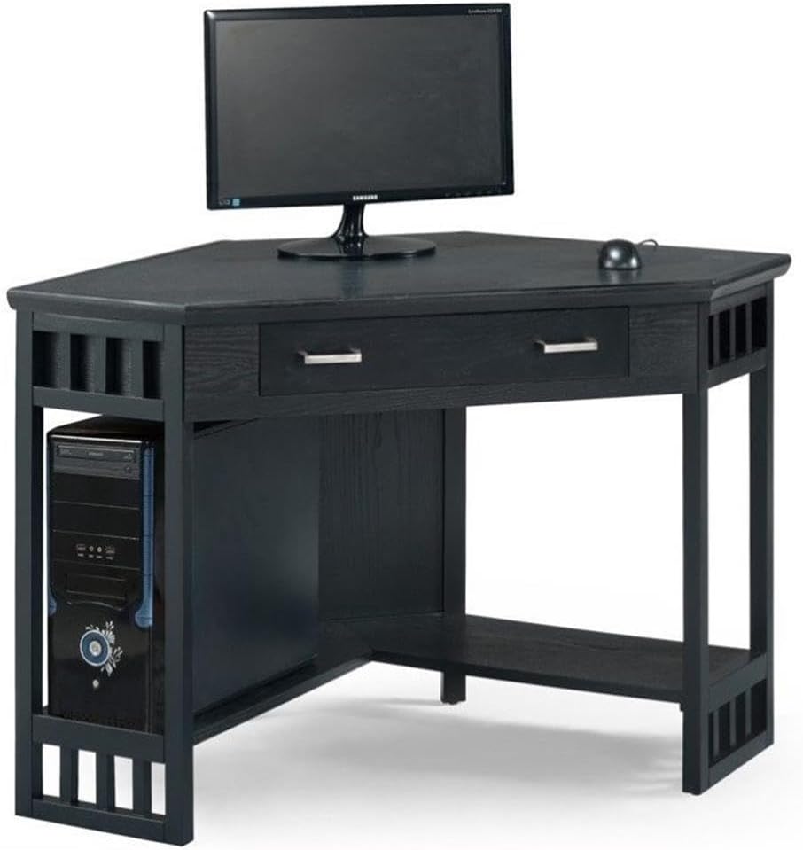 Leick Home 83430 Corner Computer/Writing Desk with Center Keyboard Drawer and Shelf, Black Oak