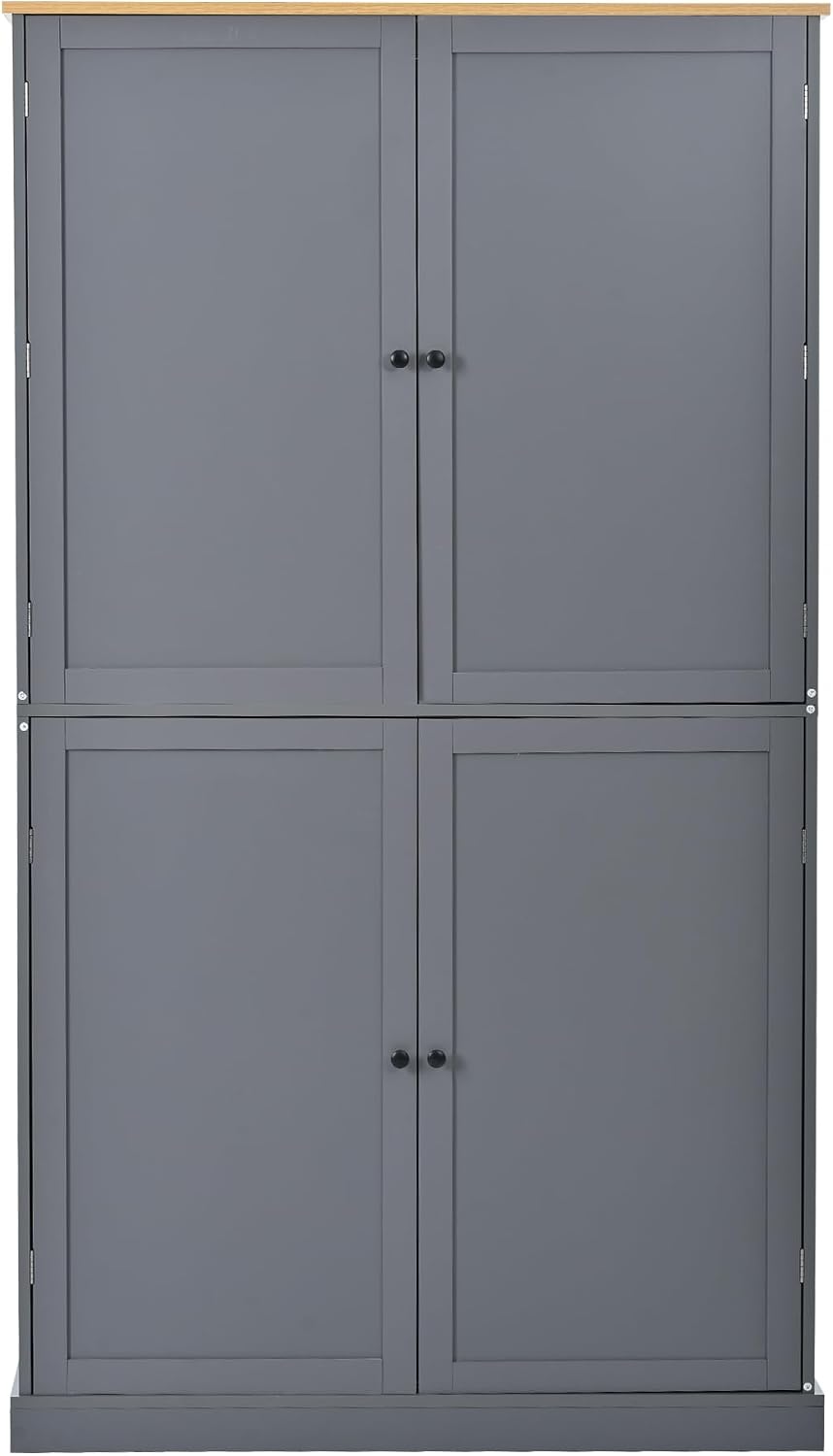 71.3inch Farmhouse Kitchen Pantry, Freestanding Large Cupboard Storage Cabinet with 2 Drawers and 2 Adjustable Shelves, Wood Storage Cabinet with 8 Door Shelves for Kitchen, Dining Room (Gray-2)