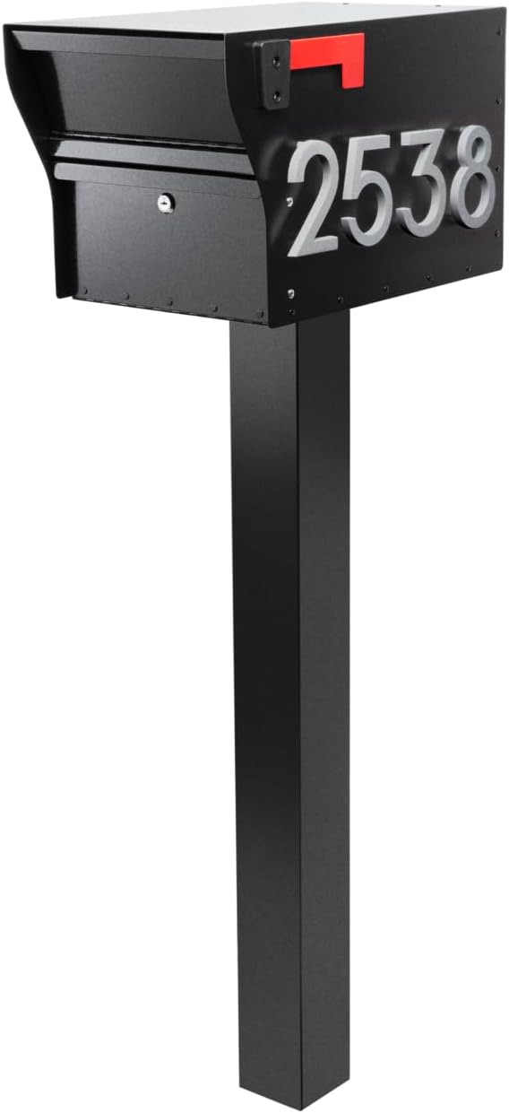 Whitehall MailVault Streetside Locking Mailbox with Post, Personalize with Modern Stand-Off Address Numbers Package – Steel, Secure Weather Resistant Modern Square Mailbox (Black/Silver)