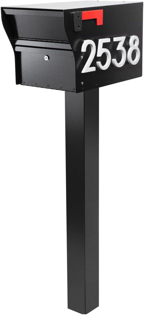 Whitehall MailVault Streetside Locking Mailbox with Post, Personalize with Modern Stand-Off Address Numbers Package – Steel, Secure Weather Resistant Modern Square Mailbox (Black/White)