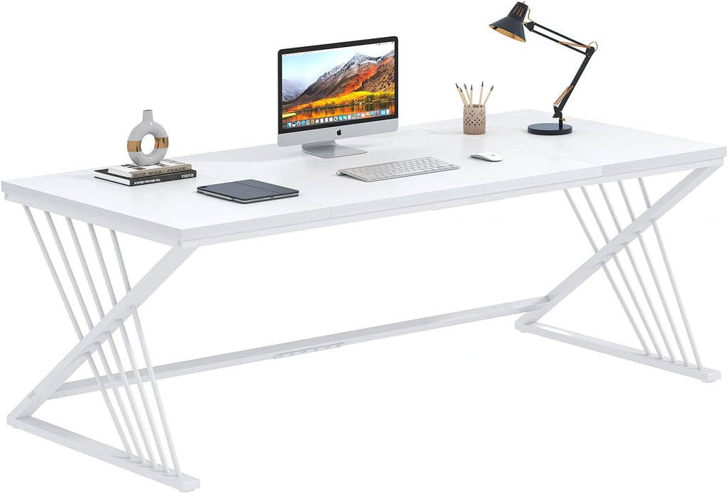 FOLUBAN 70.9' Modern Computer Desk with Z-Shaped Legs, Industrial Executive Home Office Desk for 2 Person, Large Writing Study Table for Bedroom, Gaming Workstation, White