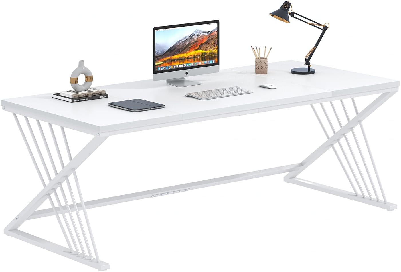 FOLUBAN 70.9' Modern Computer Desk with Z-Shaped Legs, Industrial Executive Home Office Desk for 2 Person, Large Writing Study Table for Bedroom, Gaming Workstation, White