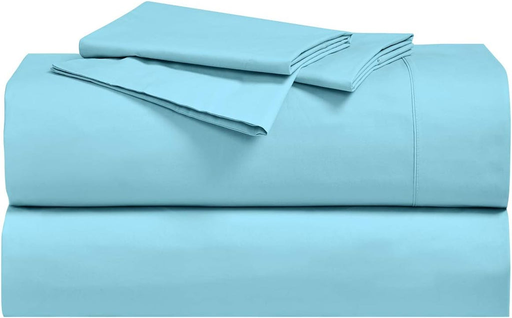 Solid 300-Thread-Count, 100-Percent Cotton Percale, Breathable Crispy Split-Top-California-King Sheets Set for Adjustable Beds, Aqua Sky